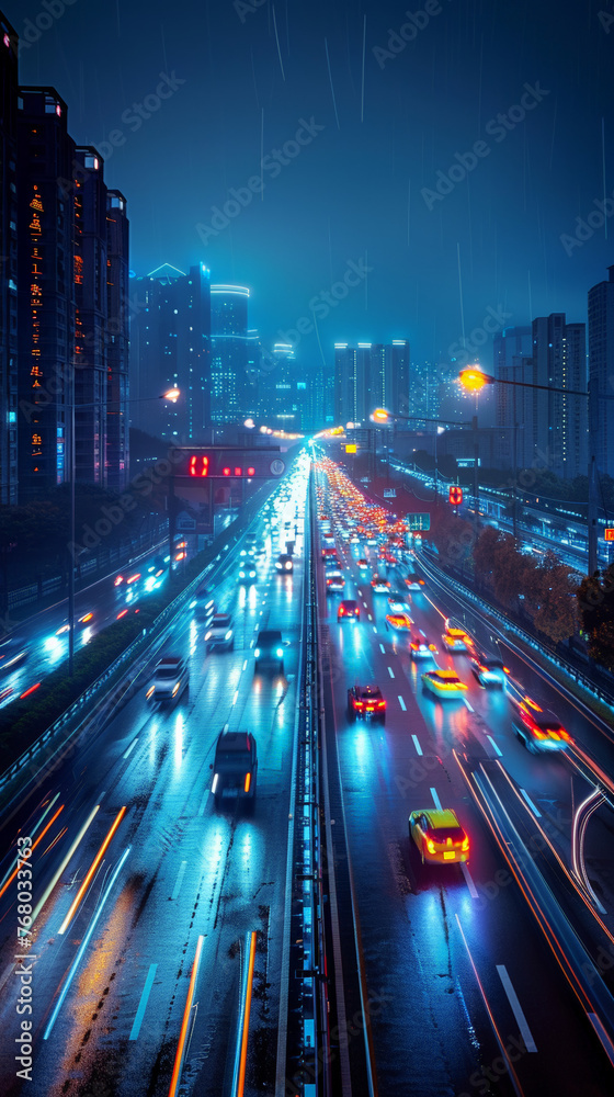 Urban Pulse: Rainy Night on Bustling City Highway in Neon Glow Urban Pulse: Rainy Night on Bustling City Highway in Neon Glow