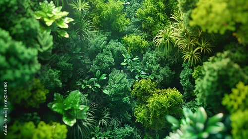 Overhead shot of a vibrant and diverse canopy of green plants  displaying an array of textures and shades in a dense  natural arrangement.