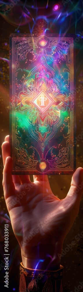 Fototapeta premium Holographic tarot card revealing fortune, ethereal glow, closeup, mystical ambiance , hyper realistic