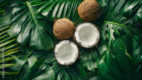 Close-up of halved coconuts surrounded by tropical leaves