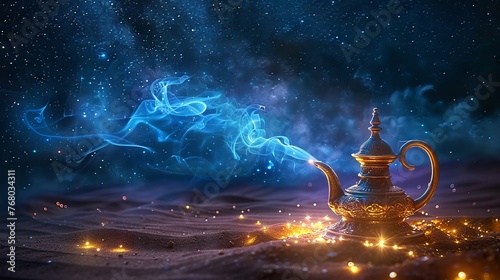 Mystical genie lamp releasing smoke under starry desert sky photo