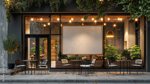 Modern storefront with a blank signboard and stylish outdoor seating photo