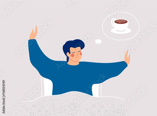 Smiling Man stretches in the bed and thinking about cup of coffee. Happy boy wakes up and feels good yourself. Healthy Morning habits and Body care concept. Vector illustration