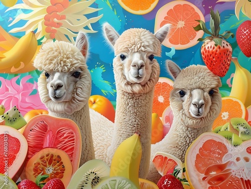 Realistic Alpacas amidst an array of vividly sliced fruits, with 1980s pop culture elements subtly infused in the background photo