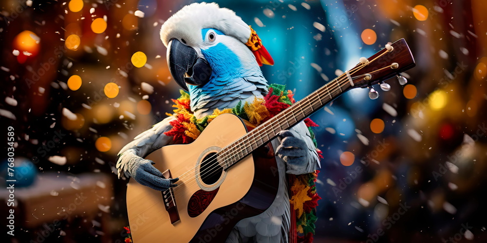 Obraz premium A parrot playing the guitar in a Snowman costume. Generative AI