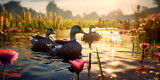 diverse ecosystem in a wetland area, showcasing birds, plants, and waterfowl. Generative AI