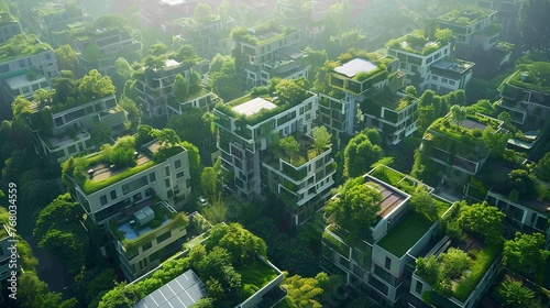 Sustainable living lifestyle in a smart city, green rooftops, solar panels, wide shot ultra HD,clean sharp focus photo