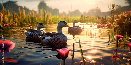 diverse ecosystem in a wetland area, showcasing birds, plants, and waterfowl. Generative AI photo