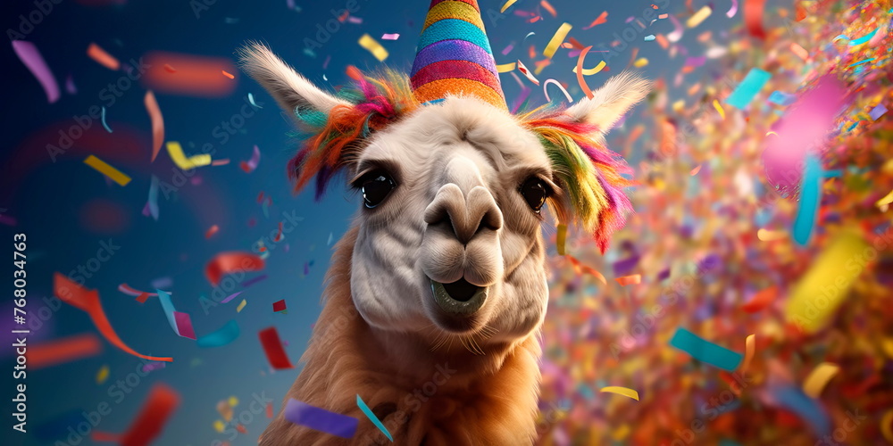 Naklejka premium jubilant llama with a colorful sombrero, surrounded by festive confetti . Generative AI