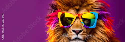 Lion wearing oversized, vibrant sunglasses and striking a pose against a colored backdrop, promoting , Generative AI