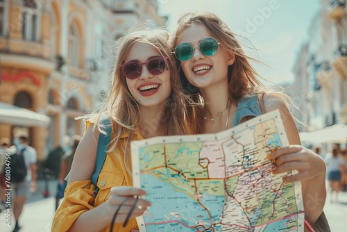 Fun, friends, travel and tourism concept. Beautiful girls looking for direction in the city. AI generated illustration