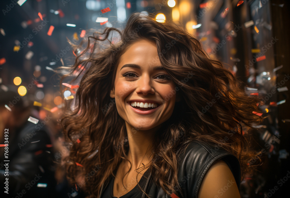 Smiling woman at party with confetti. Joyful celebration and lifestyle concept. Design for event poster, banner Smiling woman at party with confetti. Joyful celebration and lifestyle concept. Design for event poster, banner