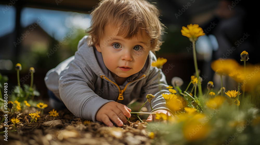 Young child and puppy in yellow flower garden. Curiosity and childhood concept. Design for children's book cover, poster Young child and puppy in yellow flower garden. Curiosity and childhood concept. Design for children's book cover, poster