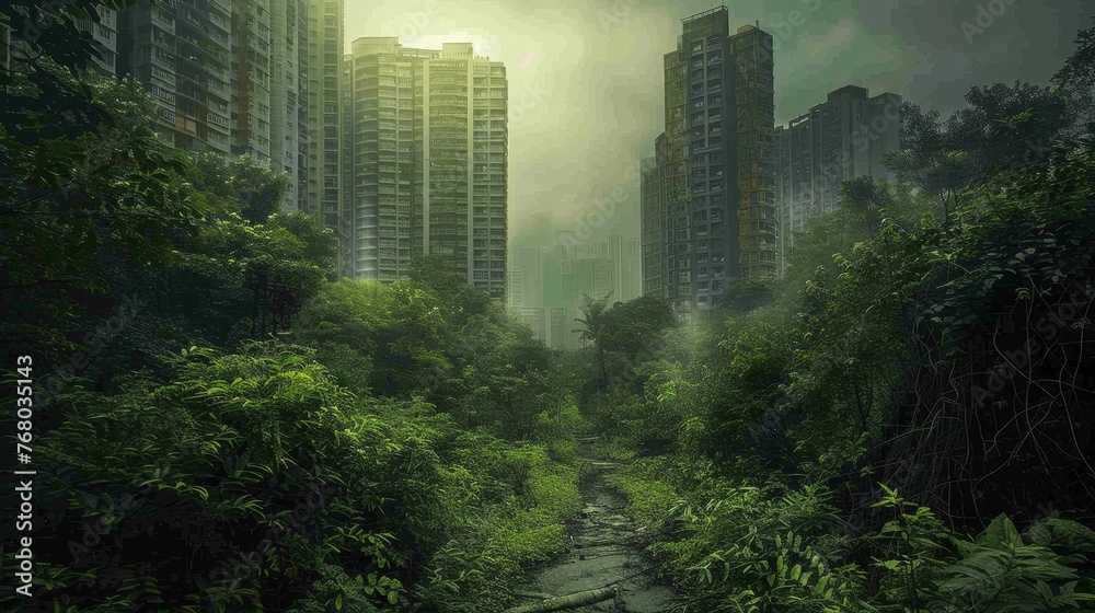 A lush corridor of greenery carves its way through a dense cityscape, highlighting the striking fusion of urban development and natural splendor.