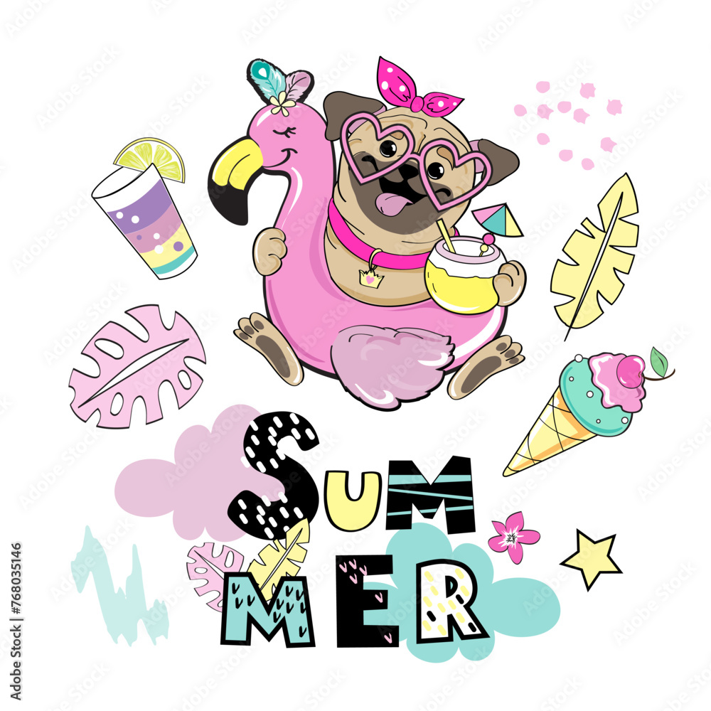 Summer pug dog on an inflatable flamingo and the inscription summer on a white background isolated Summer pug dog on an inflatable flamingo and the inscription summer on a white background isolated