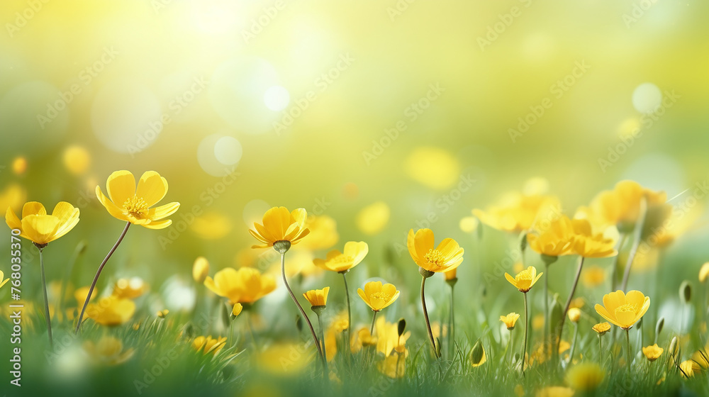 Yellow spring flowers on green meadow background.