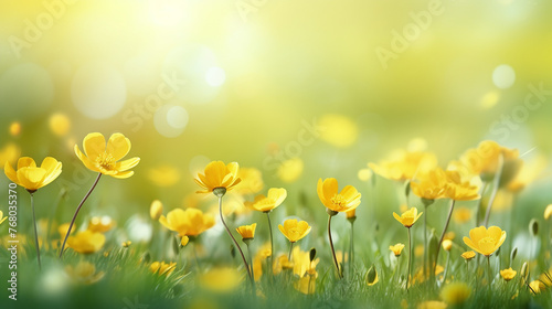 Yellow spring flowers on green meadow background.