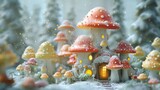 A heartwarming digital art scene captures mushroom houses dusted with snow, glowing amidst a gentle snowfall in an enchanted winter wonderland.