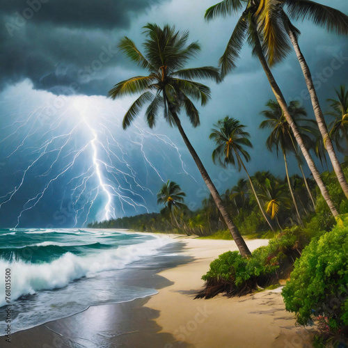 a beach with dark clouds and lightning photo