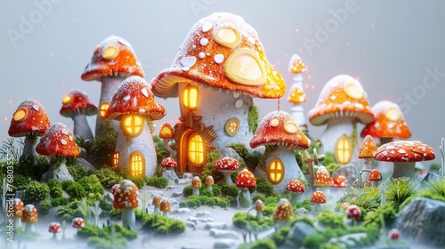 As twilight descends, this digital creation brings to life a mystical mushroom hamlet, glowing warmly amidst the softly falling snow.