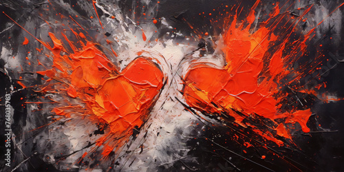 Two red hearts painted in oil on a black background with white and red paint splatters.