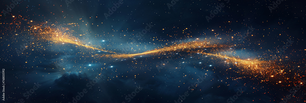 A starry magic trail glowing, A golden trail of light shines on  dark blue background,Gold light shine particles,Christmas Golden Star light banner - obrazy, fototapety, plakaty 