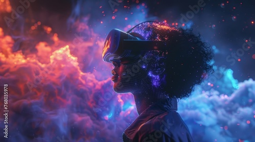Profile of a person adorned with a virtual reality headset, their digital silhouette aglow against a backdrop of interstellar clouds and starlike particles.