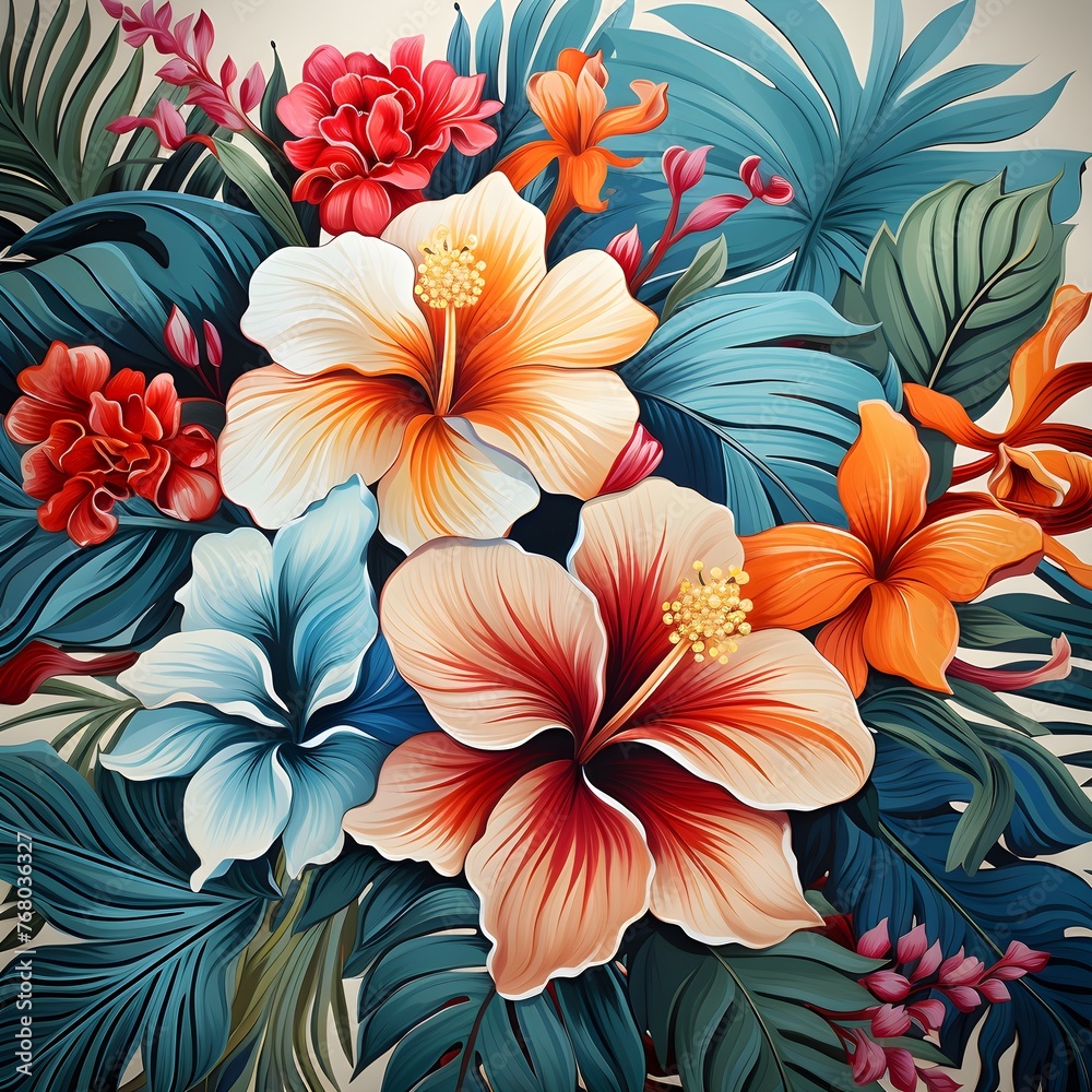 Tropical pattern with flowers and leaves, Vibrant colors, Hibiscus, white lilies, monstera 