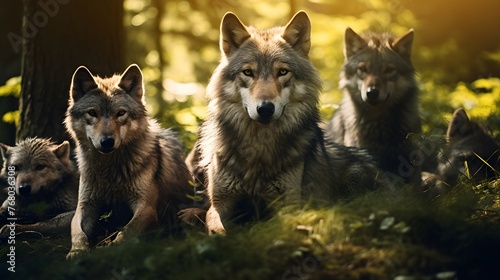 A pack of wolves in the woods, sunlight, bright lighting