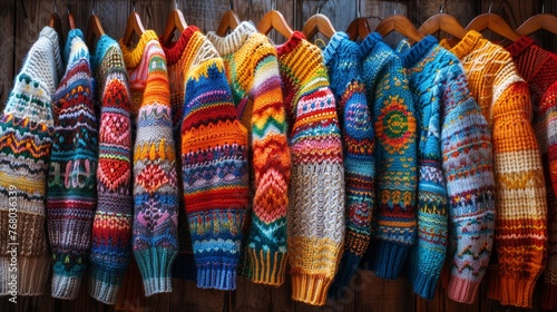 A vibrant display of handmade knit sweaters, each adorned with unique patterns and a spectrum of colors, hanging on wooden hangers. photo