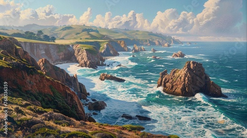 A breathtaking coastal landscape, with rugged cliffs overlooking the crashing waves of the ocean below.