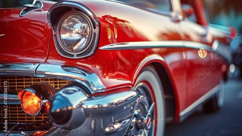 A close-up of a classic red vintage car's front, showcasing its shiny chrome details and headlight at dusk. photo