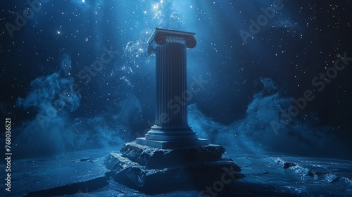 Produce an artistic, high-quality image of an elegant podium display pedestal, set against a deep blue background that mimics a night sky, complete with subtle, distant stars.