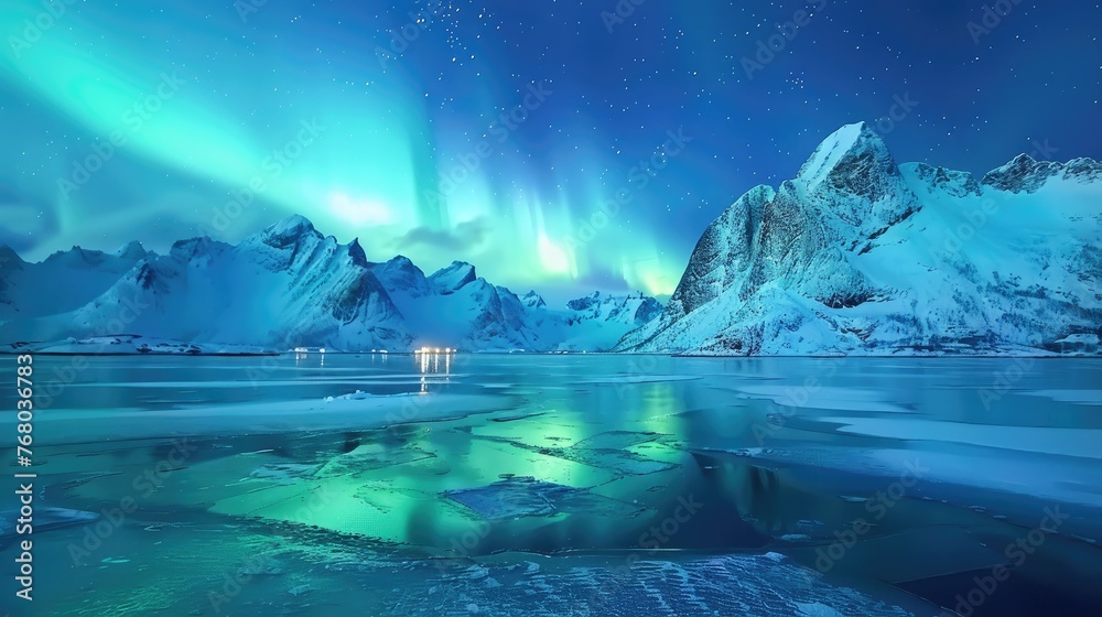 Stunning views of the northern lights in the Lofoten Islands. With snow-capped mountains and frozen seas Stunning views of the northern lights in the Lofoten Islands. With snow-capped mountains and frozen seas