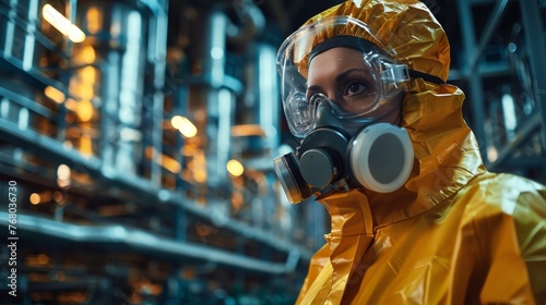 A professional in a hazmat suit with a respirator mask stands ready in an industrial setting, ensuring safety in a high-risk environment.