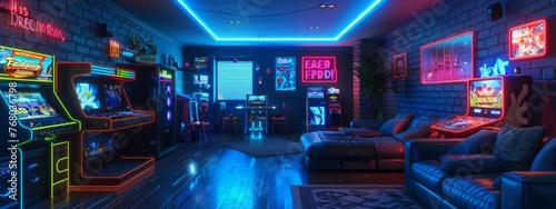 Retro gaming lounge designed with 90s neon aesthetics, featuring next-gen virtual reality games. © Exnoi