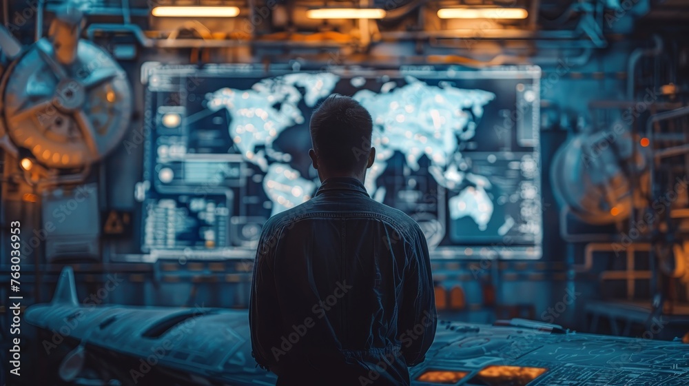 In a control room filled with high-tech equipment, a military strategist intently studies a digital world map for operational planning. In a control room filled with high-tech equipment, a military strategist intently studies a digital world map for operational planning.