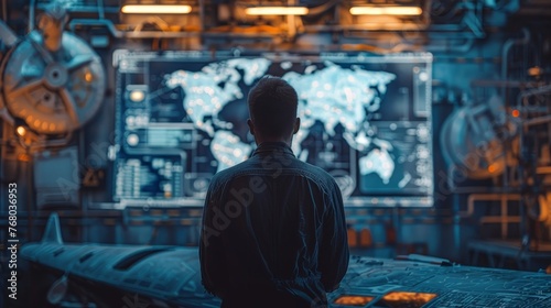 In a control room filled with high-tech equipment, a military strategist intently studies a digital world map for operational planning.