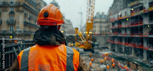 Back view of a construction supervisor in high-visibility clothing with a smart safety helmet, monitoring an active urban construction site.