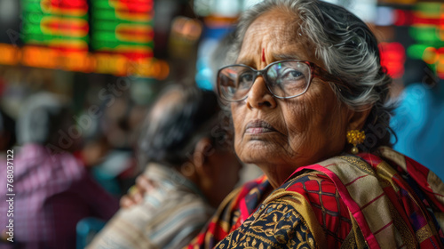 A woman from India at a train station or airport. Blurred dispatch board