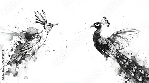 Ink illustration of birds the hoopoe and the peacock, generative ai