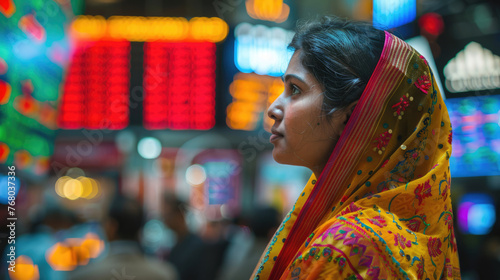 A woman from India at a train station or airport. Blurred dispatch board