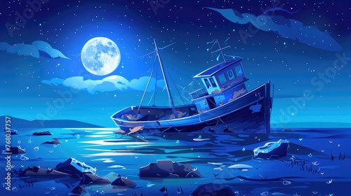 Abandoned vintage ship in the sea Dilapidated water transportation and maritime landscape on a calm full moon night © Keat