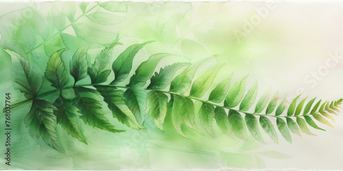 Green Fern Leaf Watercolor Painting on White Background with Space for Text and Copy Space for Design Layout