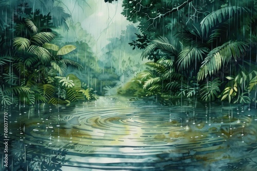 Rainforest illustration with raindrops and lush foliage. Atmospheric watercolor depicting a jungle during a rainstorm, with heavy raindrops creating ripples