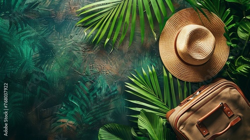Simple layout of travel essentials with a hat and suitcase, tropical vibe