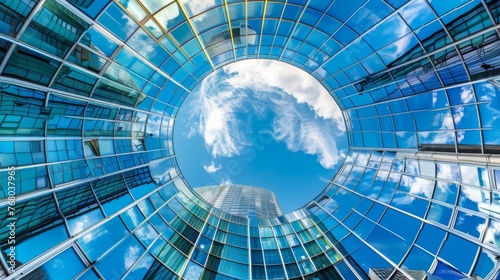 A blue building with a large circular window. The sky is blue and there are clouds in the background