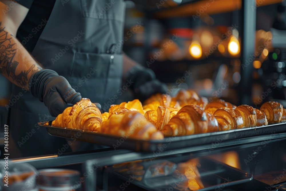 A baker wearing oven mitts, holding a tray of freshly baked croissants on the counter in his bakery, ready to be served for customers - obrazy, fototapety, plakaty 