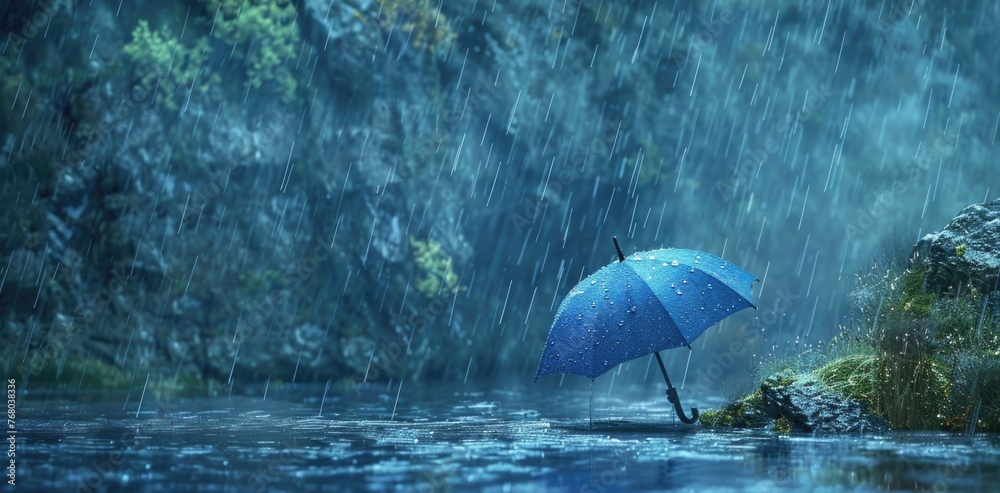 Solitude in Rainy Wilderness, blue umbrella stands alone amidst a tranquil scene of rain falling in a lush forest, conveying solitude and serenity