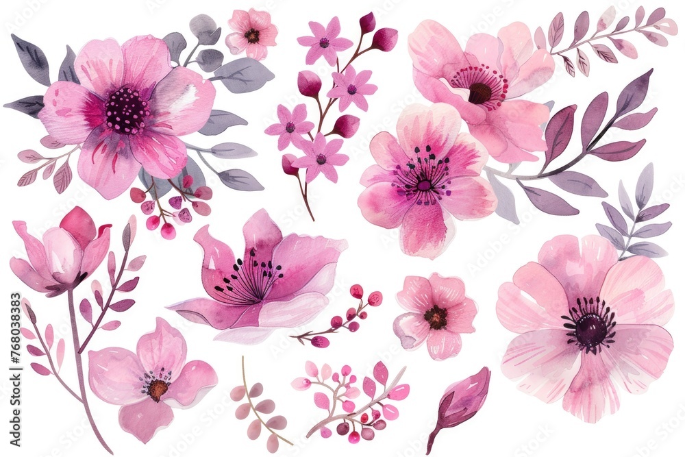 Charming watercolor clipart showcasing bunches of pink blooms and leaves, ready for crafting on a pristine white canvas - obrazy, fototapety, plakaty 